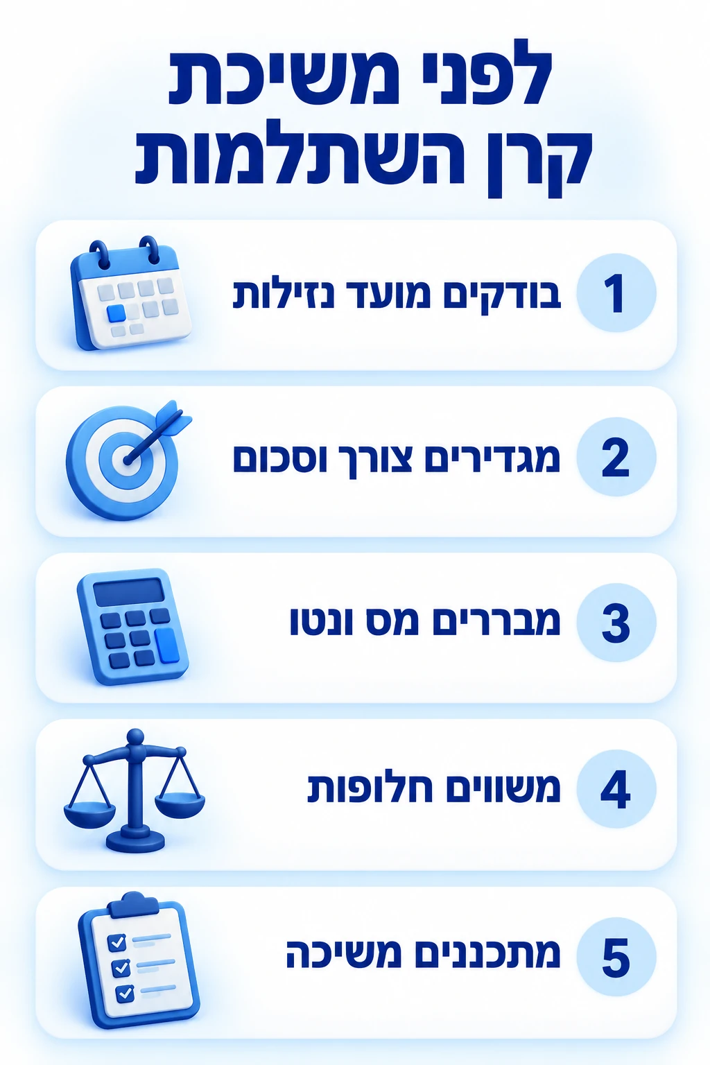חמישה צעדים לבדיקת נזילות, צורך בכסף, מס, חלופות ותכנון המשיכה